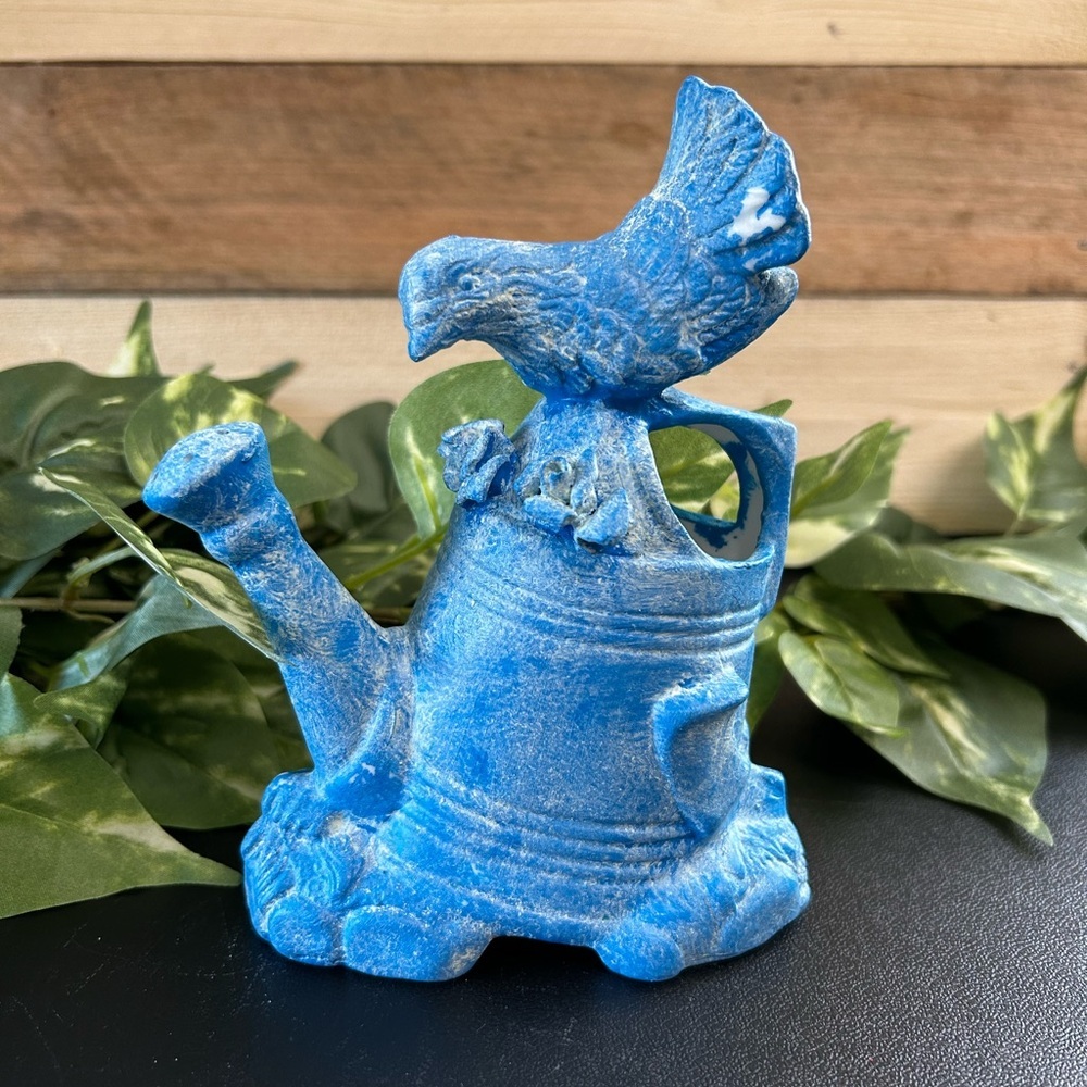 Upcycled Bird Watering Can Planter  Ceramic Shelf Sitter Blue Home Decor 6.5 X 4